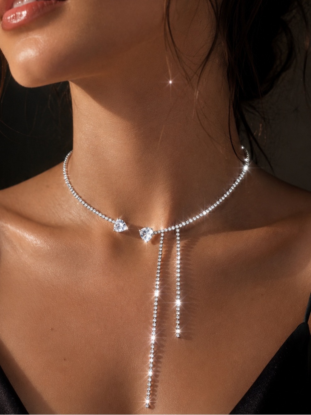 Anthropologie Silver Crystal Lariat Necklace with Drop Strands
